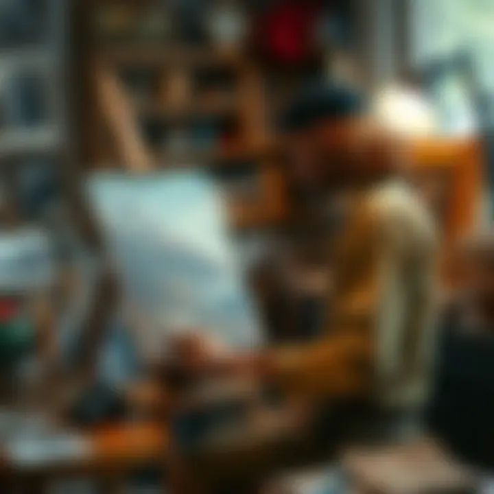 An artist paints a canvas while surrounded by old photographs and vintage items, reflecting on memories that inspire their creativity.