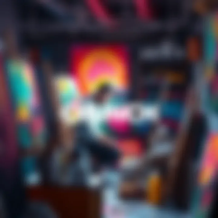 An artist named Crunch painting in their studio, surrounded by colorful canvases and art supplies, showcasing their creative process.