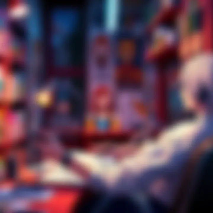 An artist illustrating unique anime merchandise in a colorful studio filled with sketches and art supplies.