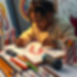 An artist sketches on paper, drawing lines and shapes influenced by Big Ragga’s style, surrounded by colorful art supplies.