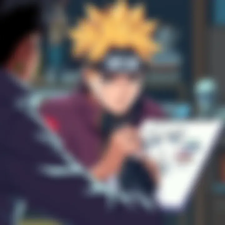 An artist sketching a character from Boruto with intricate details, showcasing two contrasting styles reflecting different emotions.