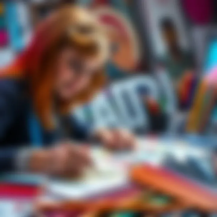 An artist is focused on sketching their favorite character, using colorful pencils on paper surrounded by art supplies.