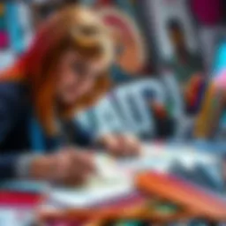 Artist Drawing Their Favorite Character An artist is focused on sketching their favorite character, using colorful pencils on paper surrounded by art supplies.