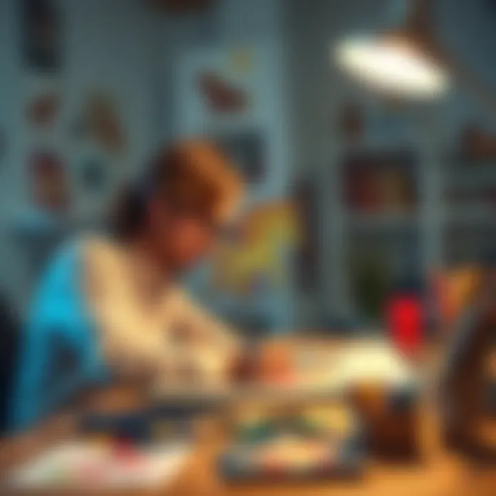 Artist drawing a pony An artist creating a colorful pony illustration at a desk with art supplies