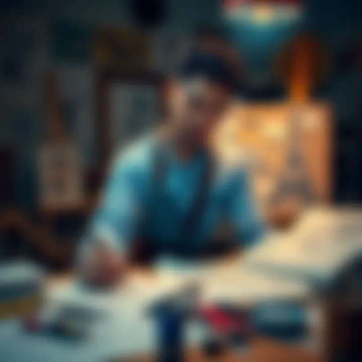 An artist showcases various drawing techniques, with sketches and tools spread out, highlighting the creative process.