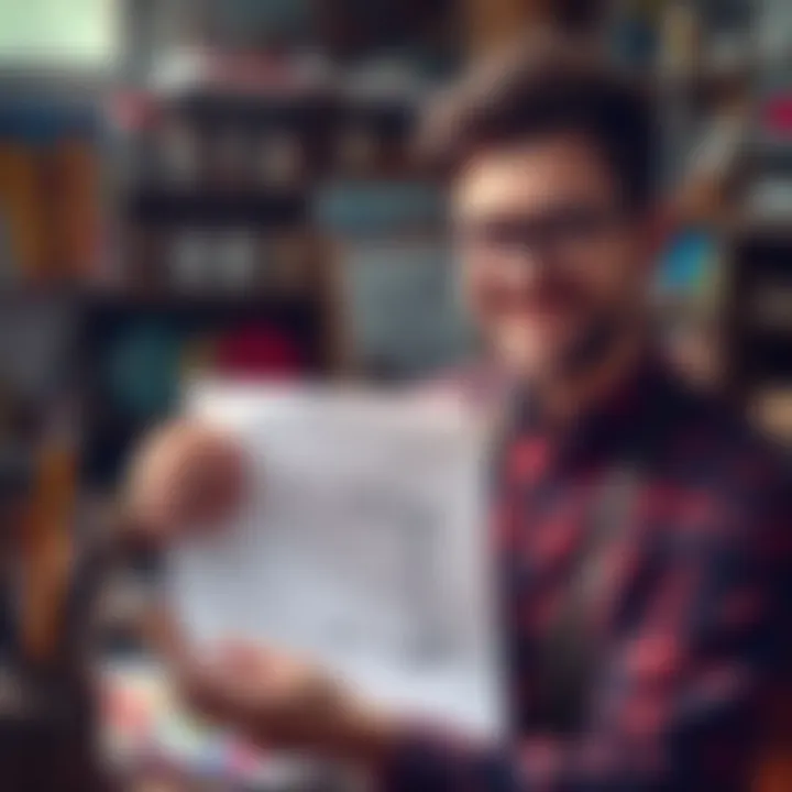 An artist smiling while holding a recently discovered drawing, with art supplies scattered around