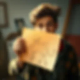 An artist holding a forgotten drawing, showcasing the blend of nostalgia and creativity, with an expressive look on their face.