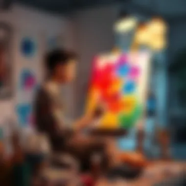 An artist focused on creating a colorful painting while sitting in a bright studio with art supplies around