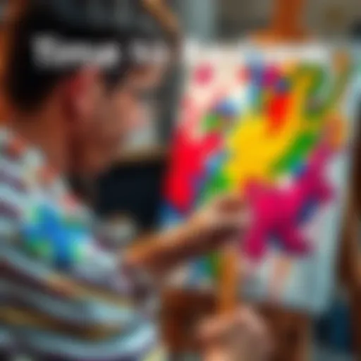 An artist using bright paints to create a vibrant painting on a canvas, showcasing innovative design ideas