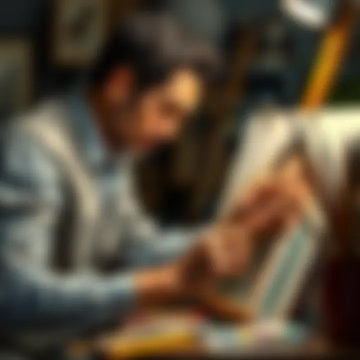 An artist creating a memorial portrait, surrounded by sketches and paints, focusing intently on capturing a subject's likeness.