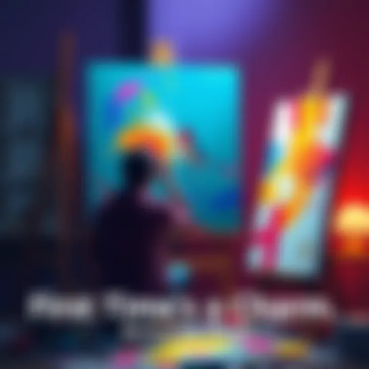 An artist sitting in front of their canvas, contemplating their first artwork with paintbrushes and colors surrounding them.