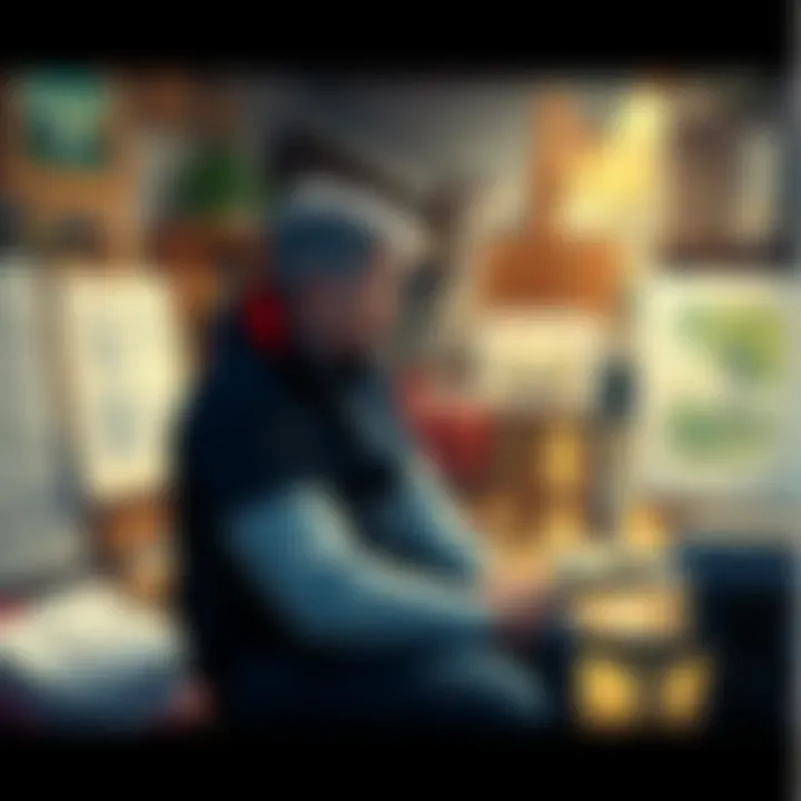 An artist sits in a cozy studio surrounded by sketches and paintings from their early days, deep in thought about their creative journey.