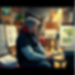 Artist reflecting on early work An artist sits in a cozy studio surrounded by sketches and paintings from their early days, deep in thought about their creative journey.
