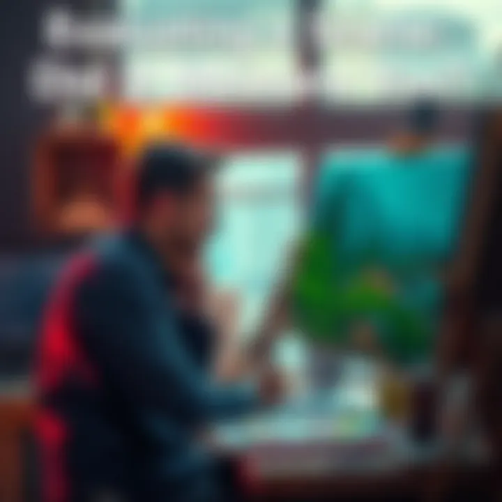 An artist sitting at a desk, staring thoughtfully at a canvas with paintbrushes and color palettes around, contemplating their creative work.