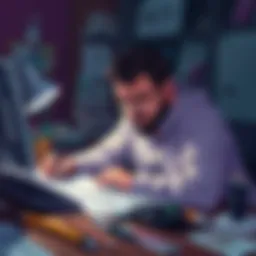 A former 2hu artist brainstorming new shitpost art ideas, surrounded by sketches and art supplies.