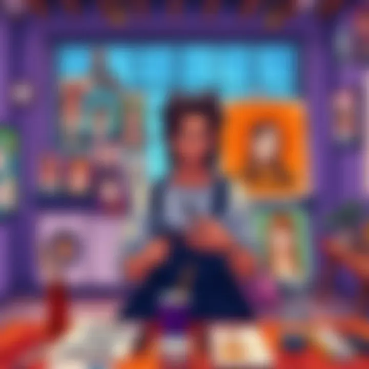 An artist showcasing their self-drawn pieces and discussing their creative process.