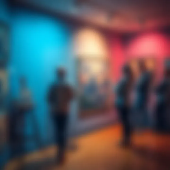 An artist stands beside their new drawing in a gallery, engaging with viewers about their creative process and inspiration.