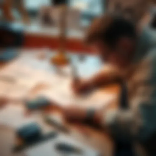 An artist creating sketches of characters inspired by leaked information, with drawings and notes scattered on a table