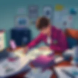 An artist sitting at a desk, sketching ideas for a new comic, surrounded by reference materials and brainstorming notes