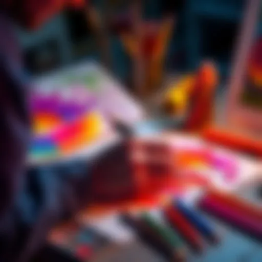 An artist creating a vibrant drawing on paper with colorful pencils and markers.