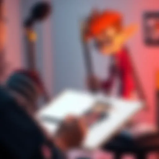A person drawing a character named Son Fam with pencils and colors in a bright studio.