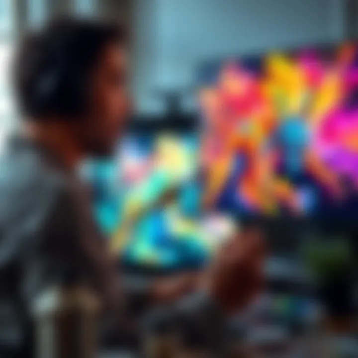 An artist holds a paintbrush while looking at a computer screen displaying vibrant AI-generated artwork, showing the contrast between traditional and digital creativity.