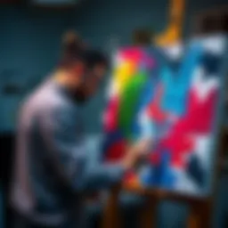 An artist painting on a canvas, showcasing vibrant colors and brush strokes, highlighting the creative process.
