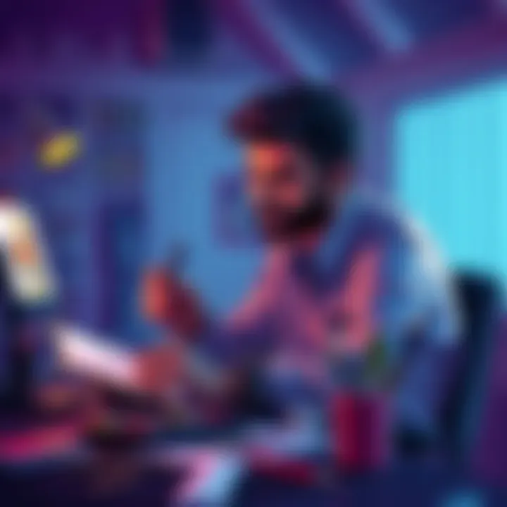 An artist sitting at a desk, sketching fan art of a character named Edwin, surrounded by art supplies and looking contemplative
