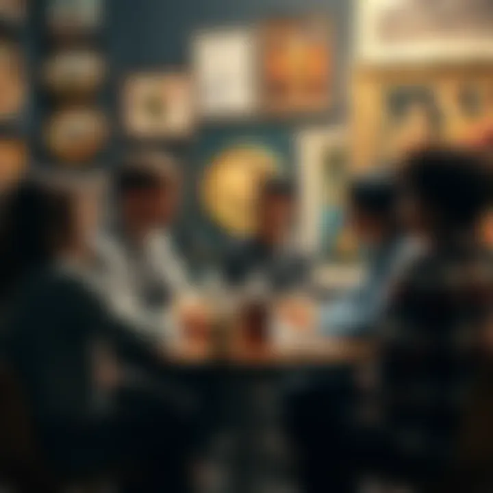 A group of people discussing various creative artworks, expressing different opinions on creativity, with art pieces displayed around them.