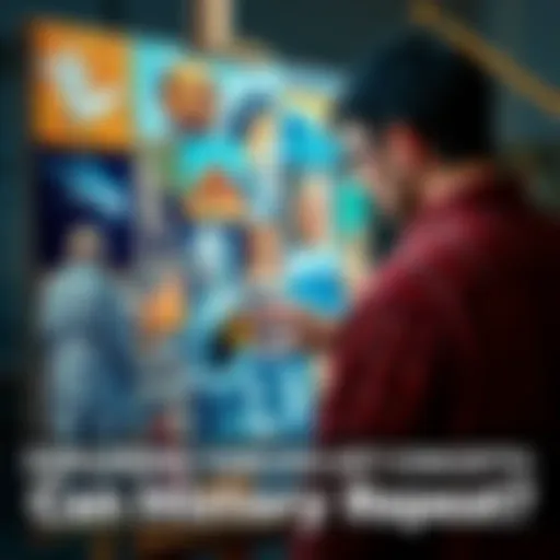 An artist contemplating a canvas filled with historical art styles and modern concepts, symbolizing the intersection of past and present in art.