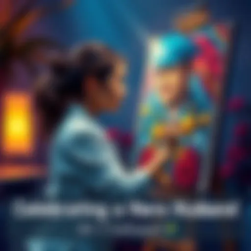A heartfelt artwork showcasing a woman painting a portrait of her husband, surrounded by symbols of love and heroism