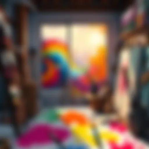 A vibrant scene showing an artist's studio filled with colorful artwork influenced by Quincy, featuring brush strokes and creative tools, representing the spirit of Hatsu.
