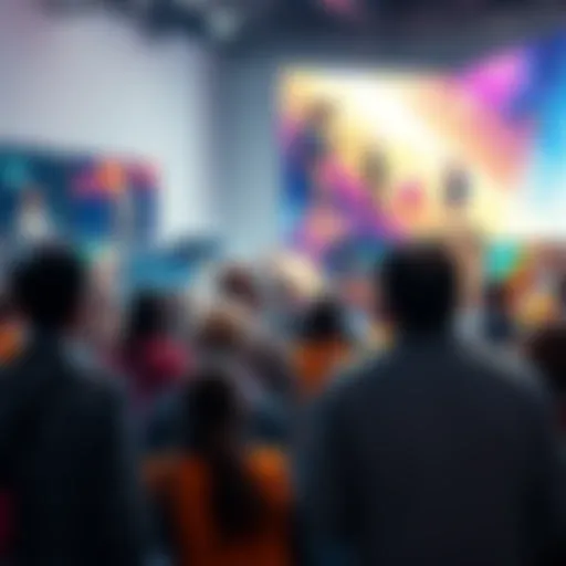 People in a forum discussing the ban on AI-generated art, with artwork examples displayed around them