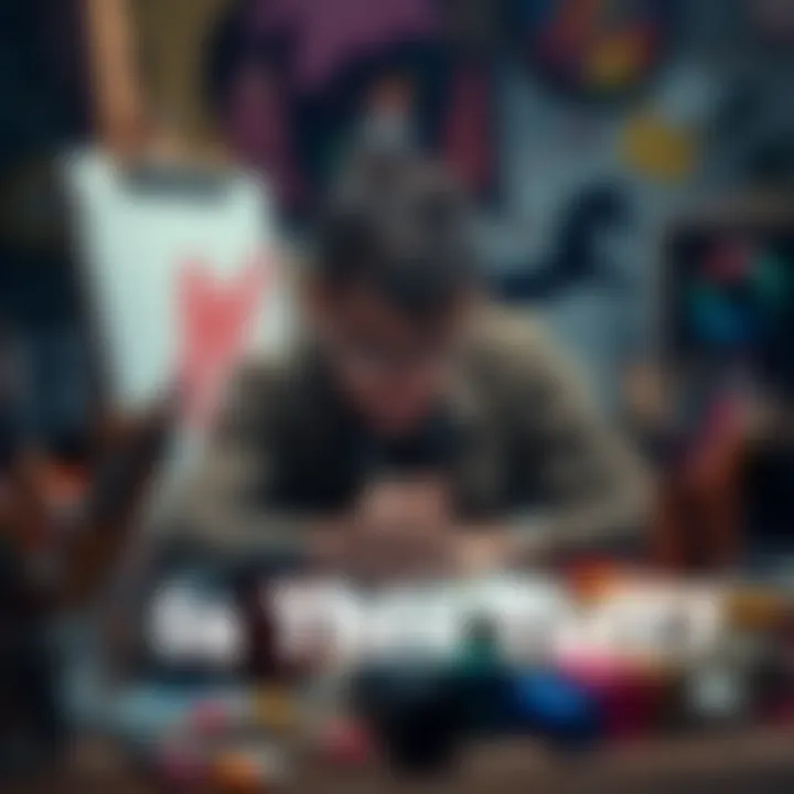 A person struggling to draw on a canvas, surrounded by art supplies, showing frustration and contemplation