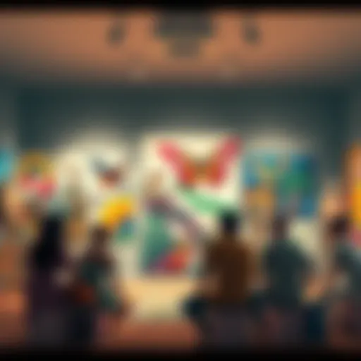 A group of artists reflecting on their creative process, surrounded by colorful artworks, showcasing the beauty of imperfection in art.