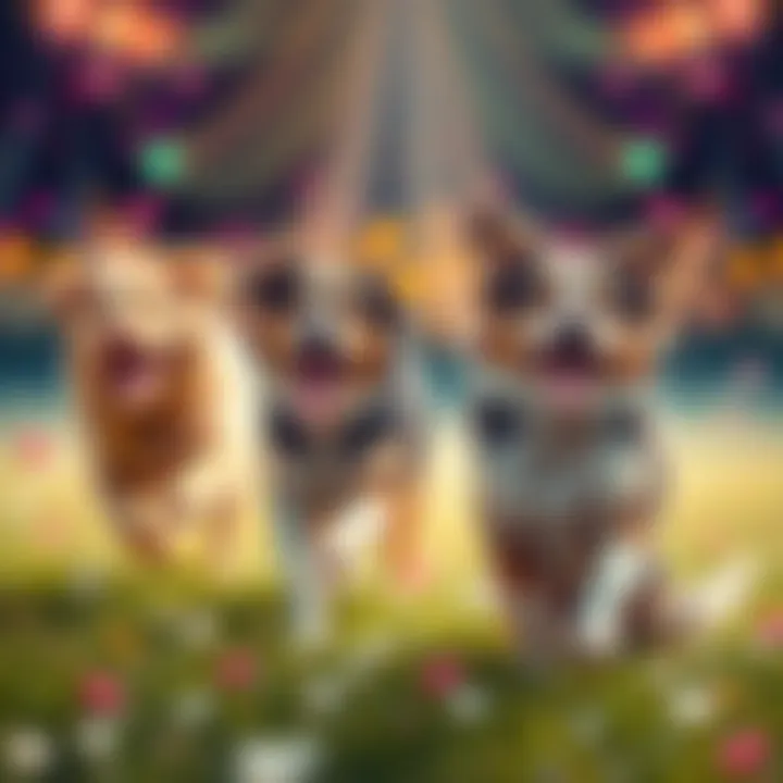 Colorful artwork showing happy dogs playing in a vibrant setting