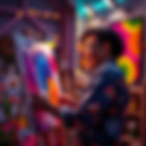 Artistic person painting on canvas A person joyfully painting on a canvas in a bright, colorful studio, expressing creativity through art