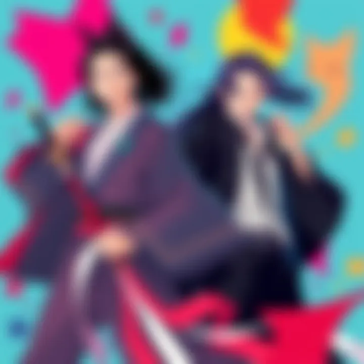 A colorful illustration showing Hijikata and Fem Sougo in dynamic poses, representing their artistic journey, surrounded by vibrant abstract shapes.