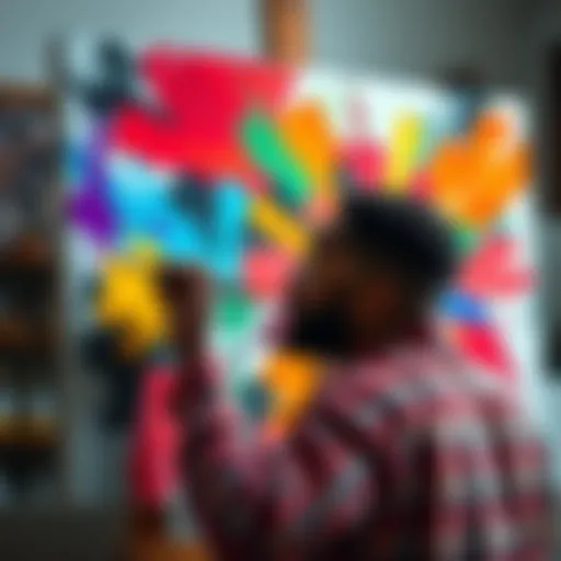 An artist paints a vibrant canvas symbolizing inner strength, with bold colors and expressive brush strokes capturing emotions.
