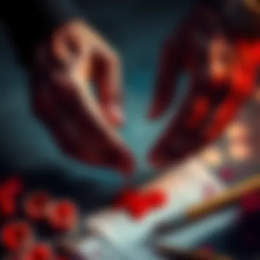 A close-up of hands sealing a promise with a blood oath, surrounded by creative elements like paintbrushes and ink, symbolizing commitment and artistry.