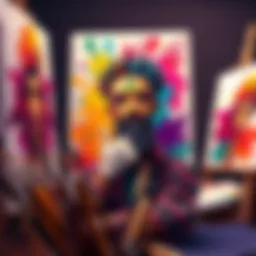 A colorful art piece showcasing a figure representing self-identity, surrounded by various creative tools like paintbrushes and canvases.