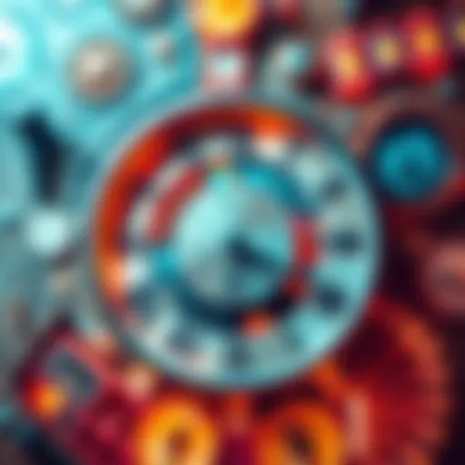 An artwork featuring clocks and abstract shapes illustrating the passage of time