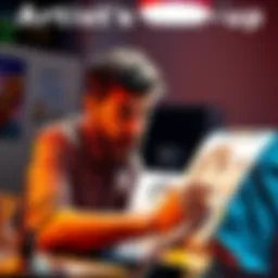 An artist working on a colorful drawing of a character based on a pose image, looking confused as the original character is not depicted yet.