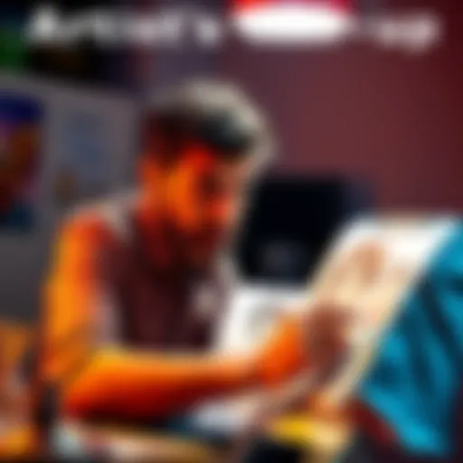 An artist working on a colorful drawing of a character based on a pose image, looking confused as the original character is not depicted yet.