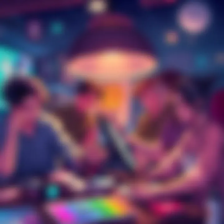 A group of artists working on quick fanart pieces, showing various styles and techniques, with some looking pleased and others frustrated.