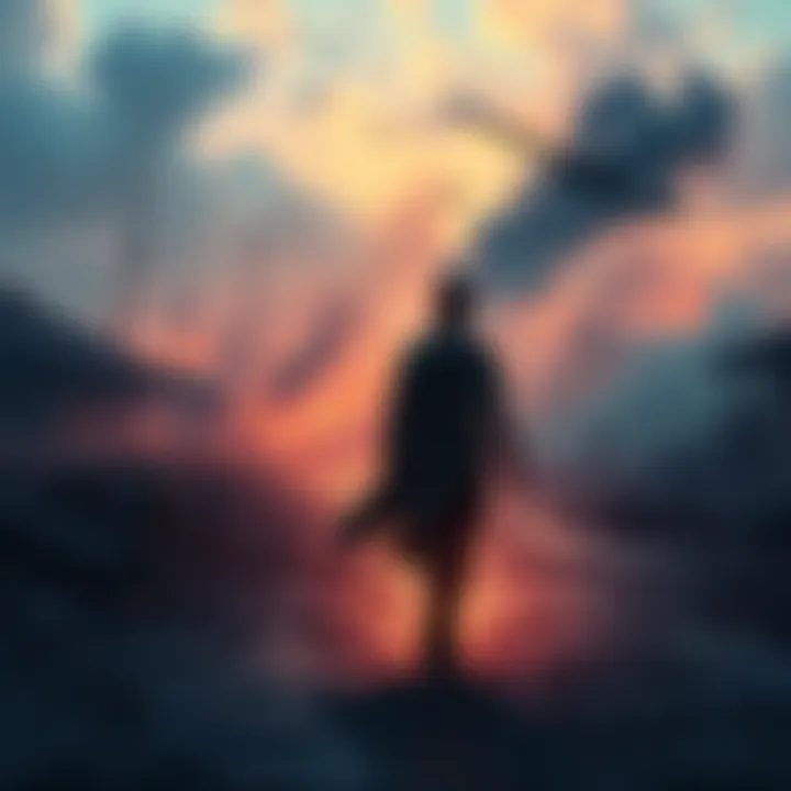 A character named Asa walking through a chaotic battlefield, reflecting on past events, while a backdrop shows the contrast of war and peace.