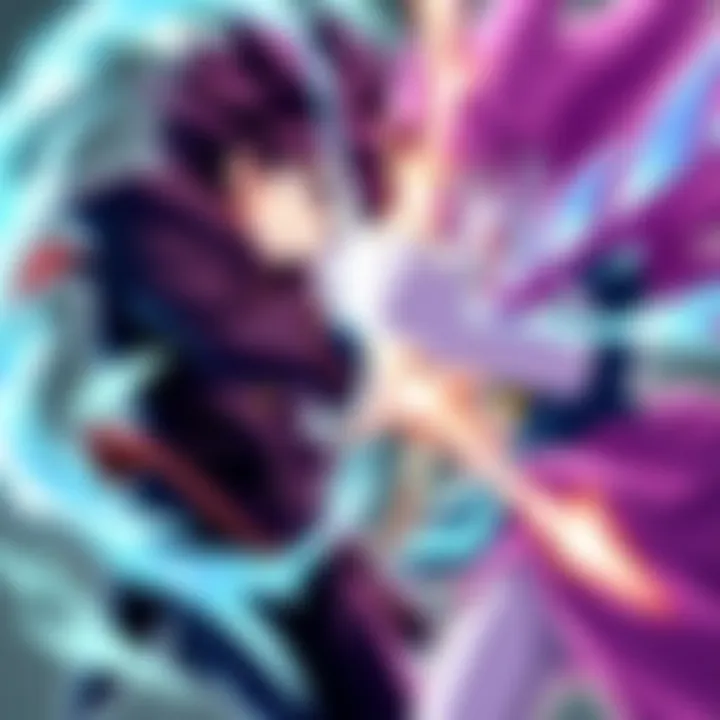 Ashido and Tokoyami facing off in an intense showdown, each displaying their unique powers and emotional expressions.