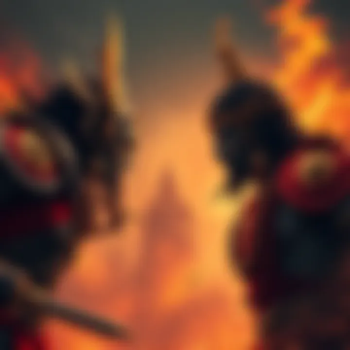 A dramatic scene of Ashura and Indra facing each other, showcasing their rivalry with Ashura appearing strong and determined, while Indra looks conflicted and reluctant to fight.