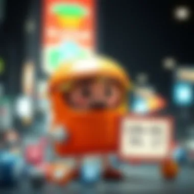 A playful cartoon character wearing a hamburger costume, holding a sign that says 'Who Am I?'. The character has a friendly face and is surrounded by social media icons.