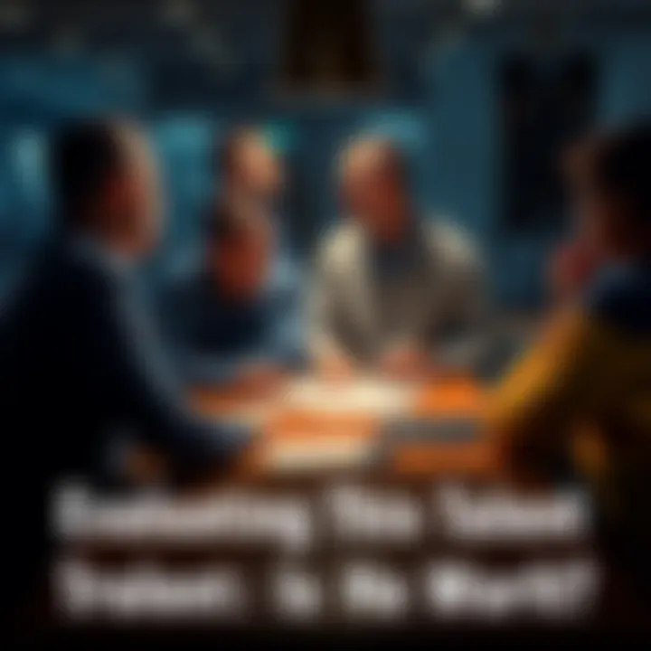 A group of people discussing and evaluating a man's skills and potential around a table.